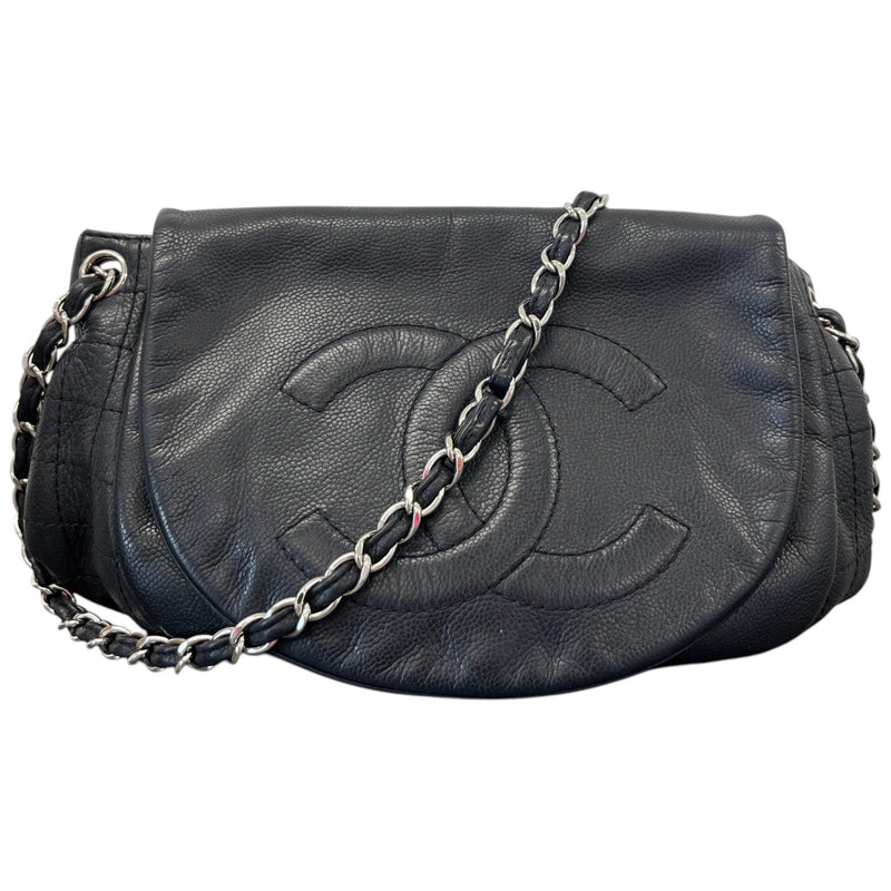 Women's Half Moon Lambskin Leather Flap Handbag Black