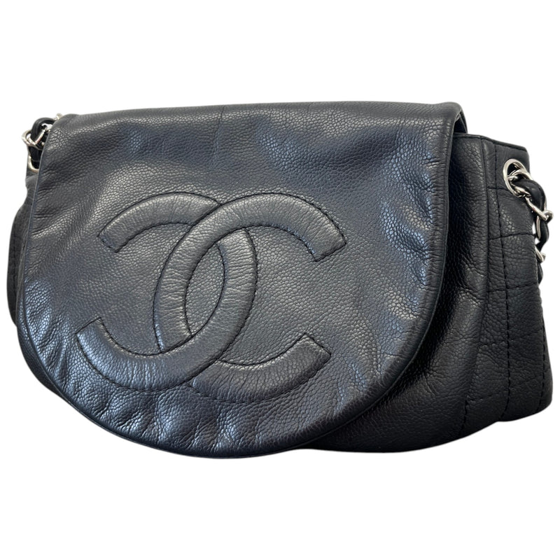 Women's Half Moon Lambskin Leather Flap Handbag Black