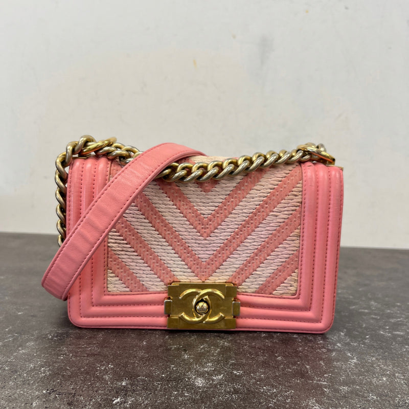 Women's Chevron Braided Small Boy Flap Handbag Pink