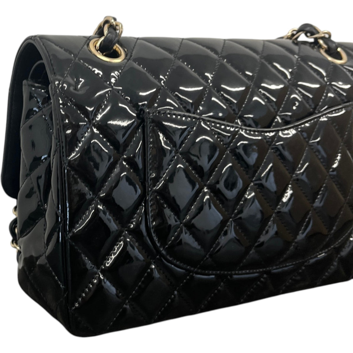 Women's Classic Double Flap Medium Patent Handbag Black - Photo 8