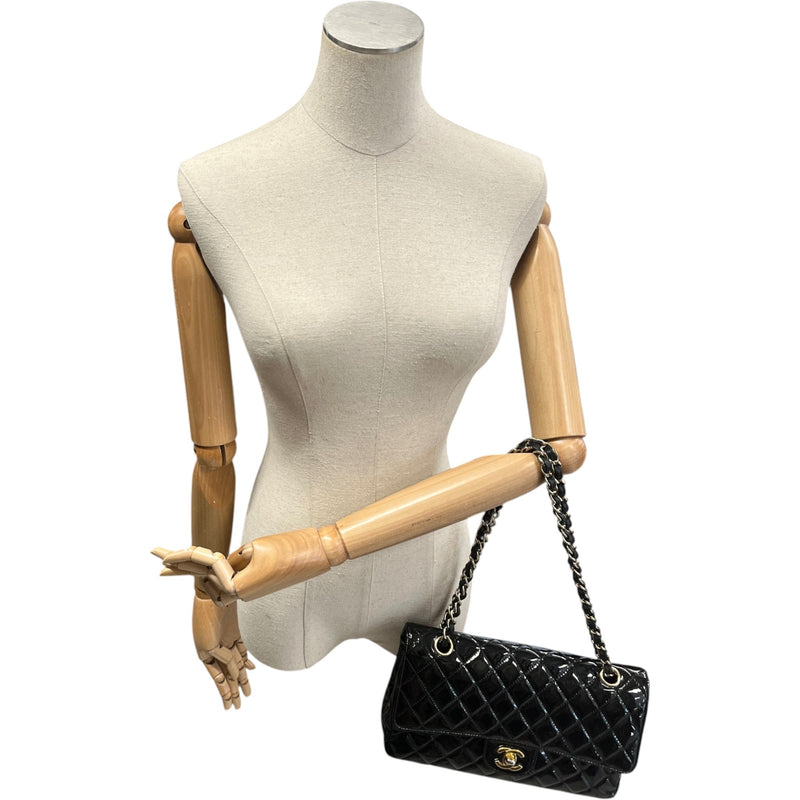 Women's Classic Double Flap Medium Patent Handbag Black