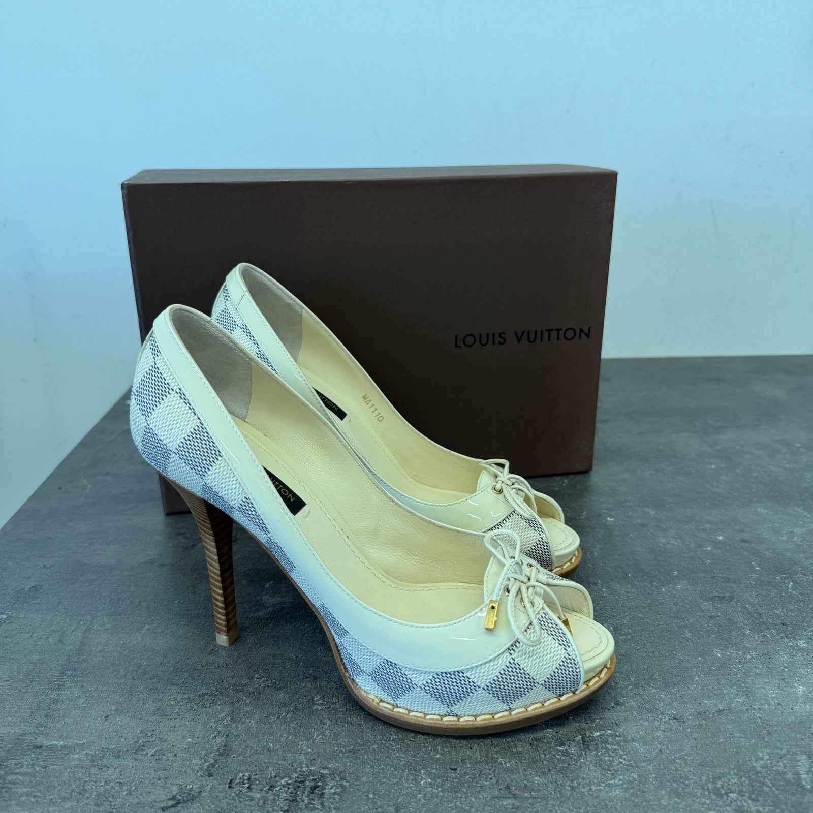 Women's Damier Azur Peep Toe Heels Cream Size EU 36 / UK 3 - Photo 12