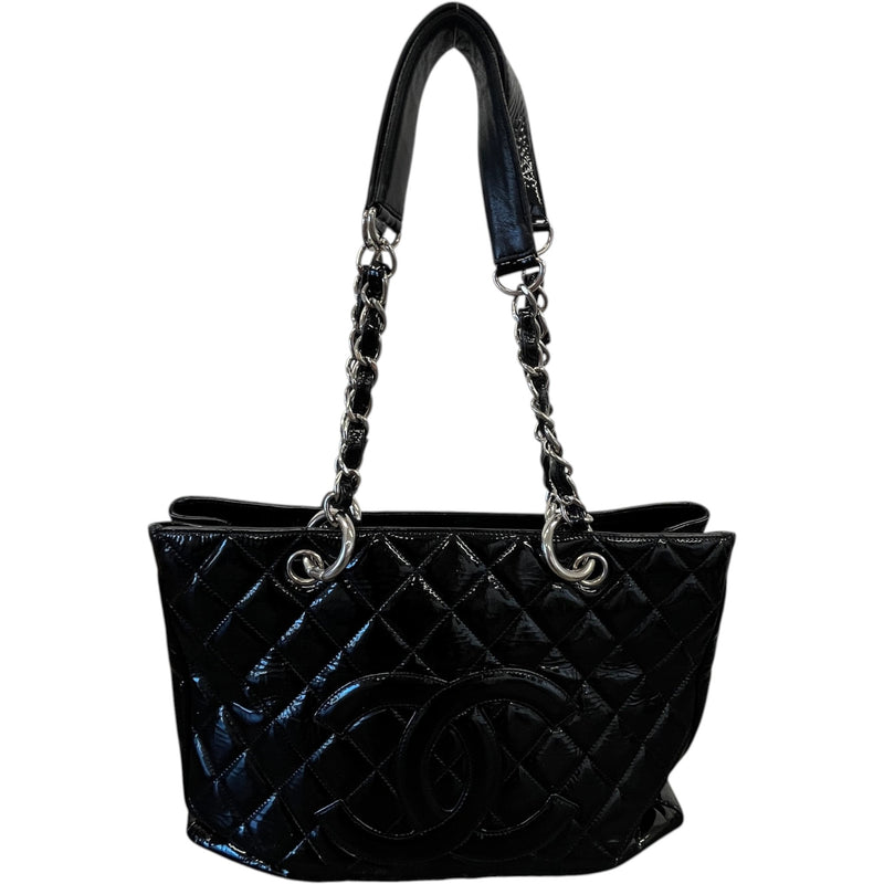 Women's Quilted Patent Grand Shopping Tote Gst Handbag Black