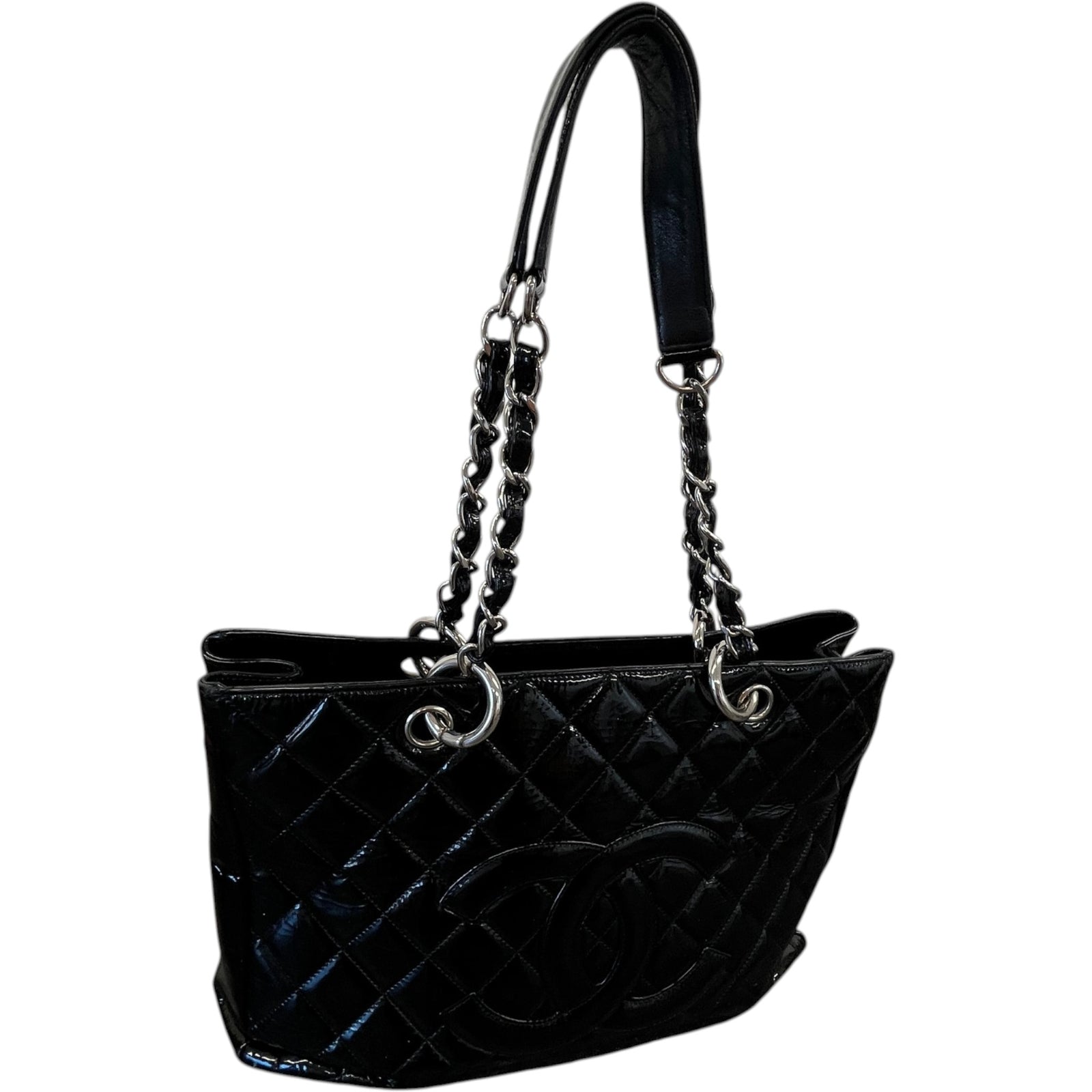 Women's Quilted Patent Grand Shopping Tote Gst Handbag Black - Photo 5
