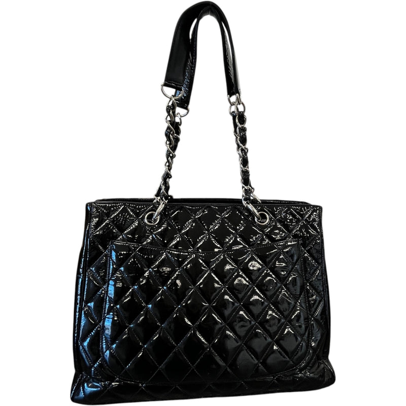 Women's Quilted Patent Grand Shopping Tote Gst Handbag Black