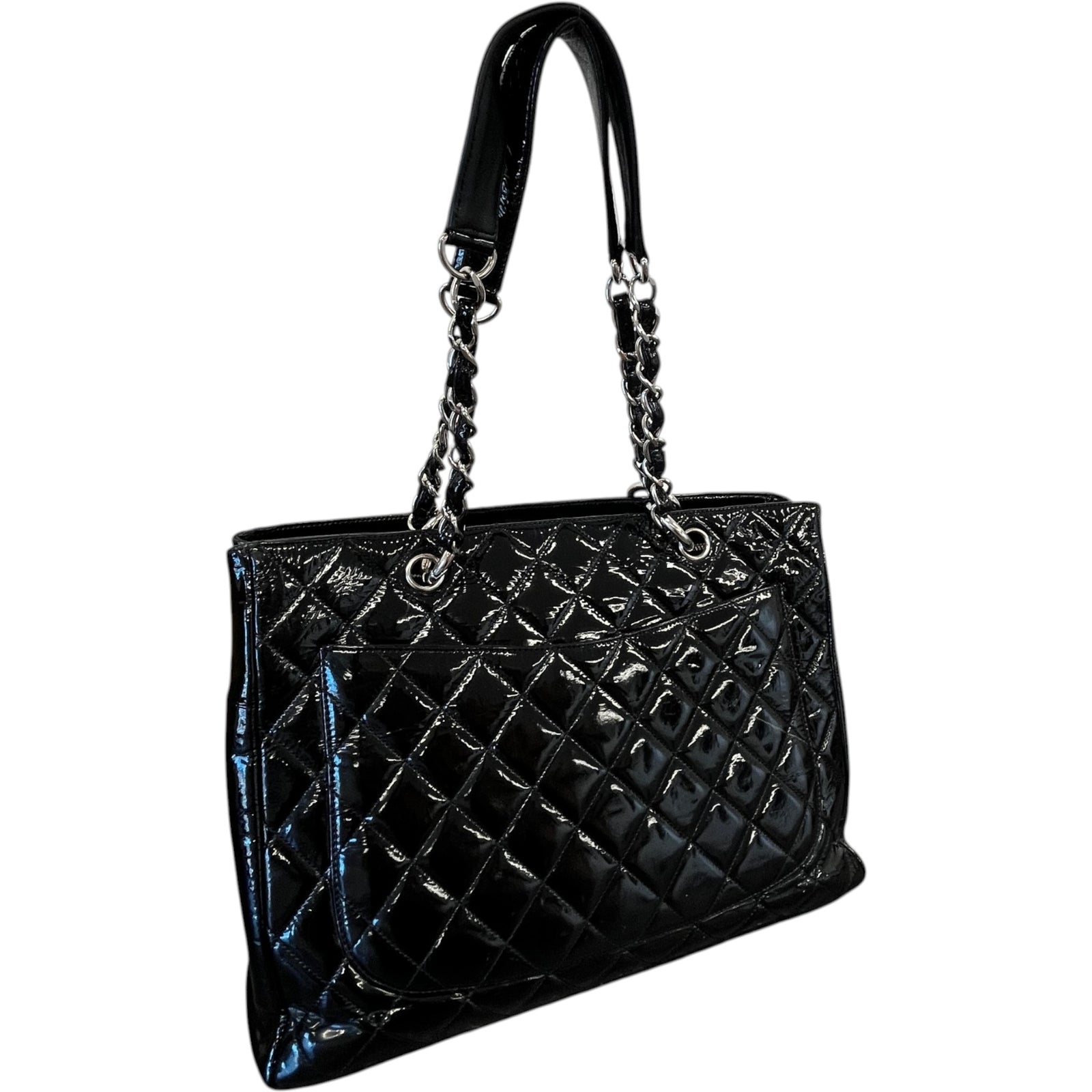 Women's Quilted Patent Grand Shopping Tote Gst Handbag Black - Photo 9