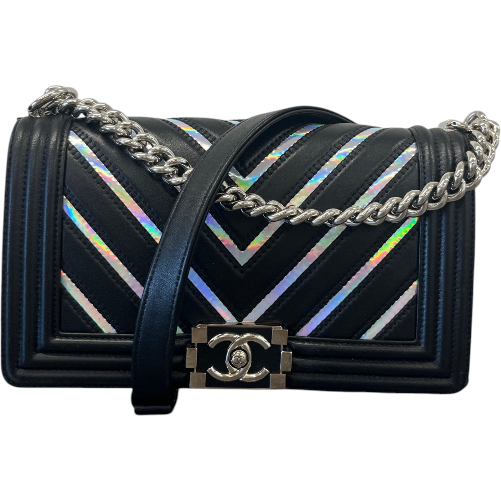 Women's Boy Chevron Lambskin Holographic Handbag Black - Photo 1