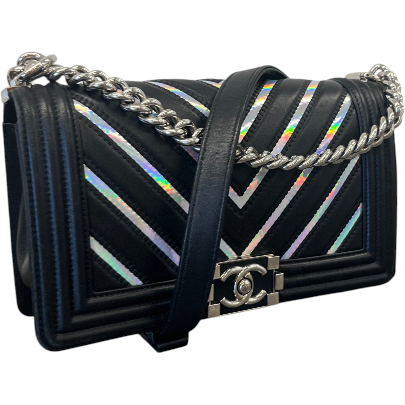 Women's Boy Chevron Lambskin Holographic Handbag Black - Photo 4