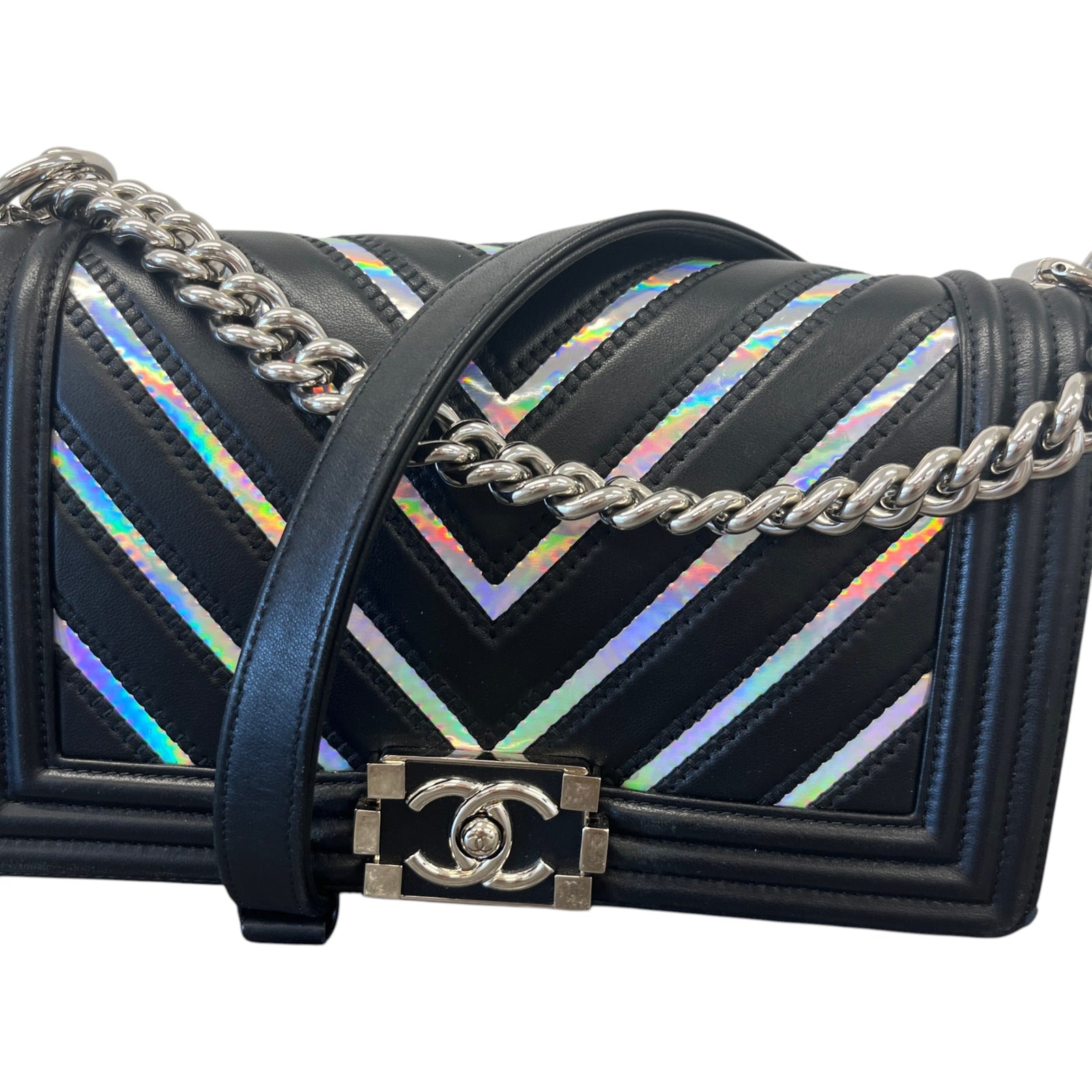 Women's Boy Chevron Lambskin Holographic Handbag Black - Photo 11