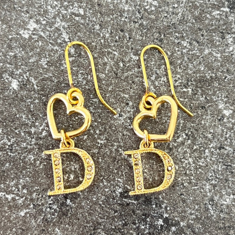 Women's Crystal D Heart Drop Earrings Gold