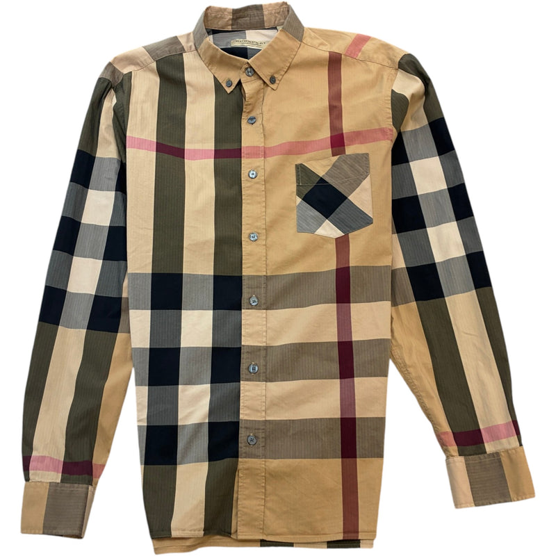 Men's Thornaby Check Button Down Long Sleeve Shirt Beige Size L