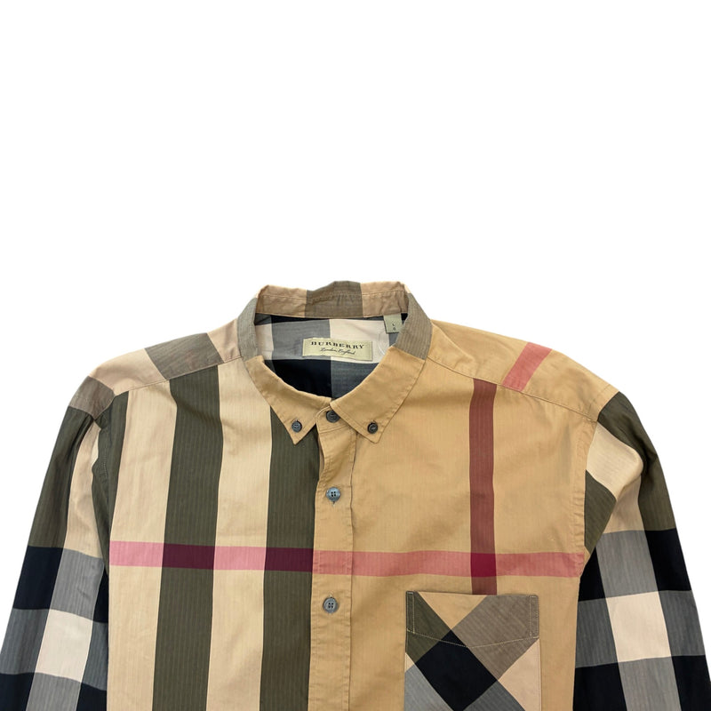Men's Thornaby Check Button Down Long Sleeve Shirt Beige Size L
