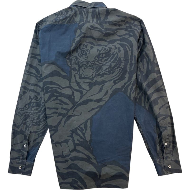Men's Tiger Graphic Pattern Long Sleeve Shirt Grey Size XXS