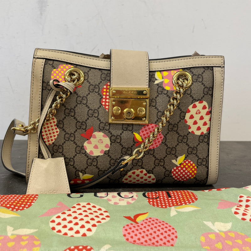 Women's Small Gg Supreme Apple Heart Padlock Tote Bag Beige
