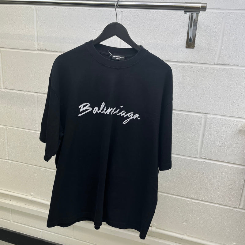 Men's Distressed Script Logo Print T-Shirt Black Size L