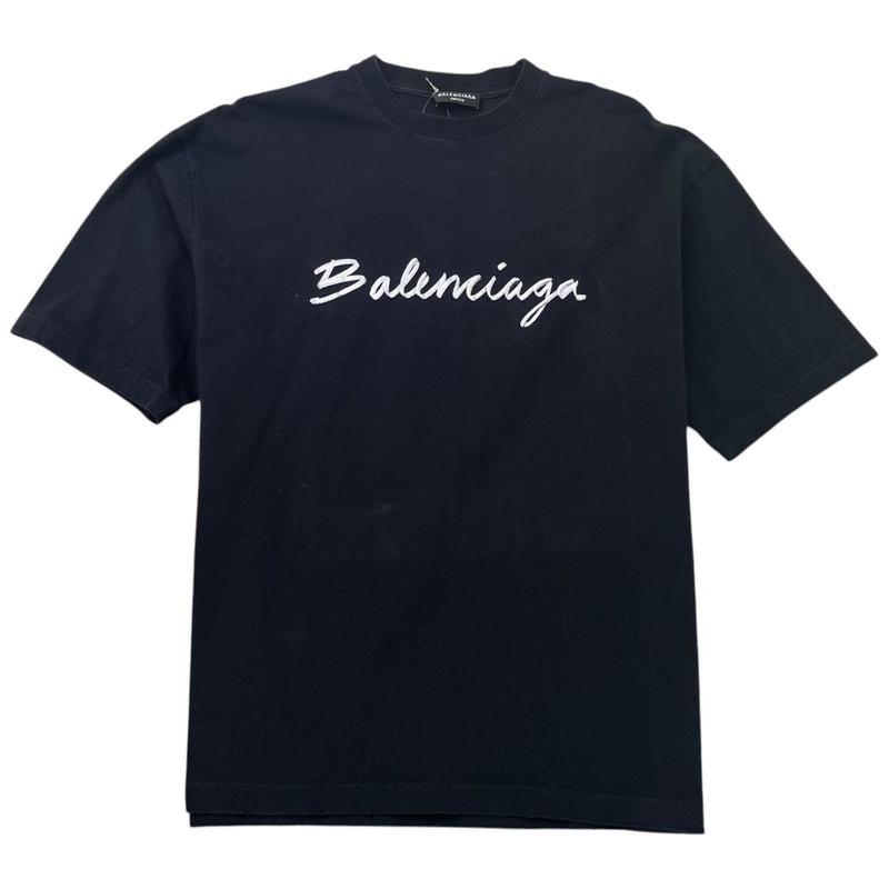 Men's Distressed Script Logo Print T-Shirt Black Size L