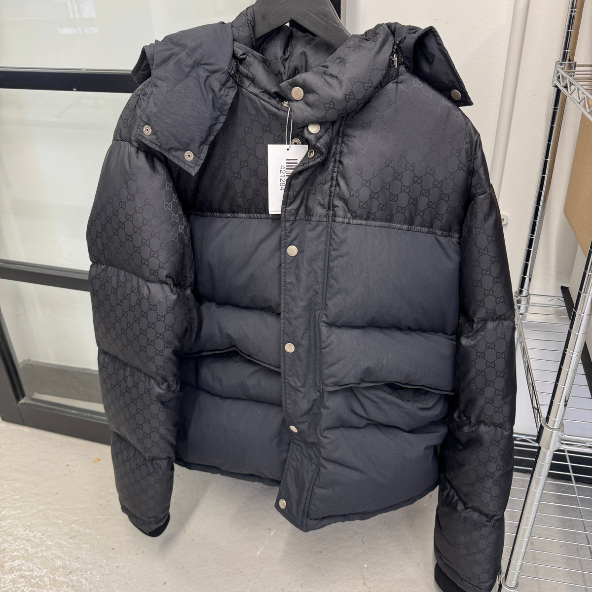 Men's GG Jacquard Nylon Down Jacket Black Size XL - Photo 7