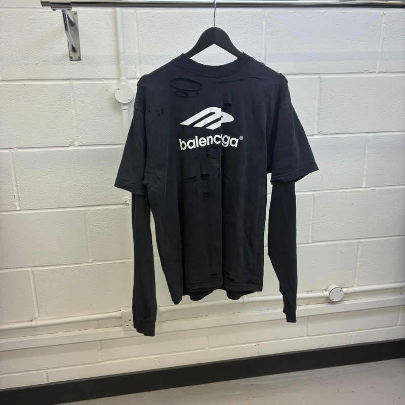Men's Layered Distressed Logo Long Sleeve T-Shirt Black Size XS