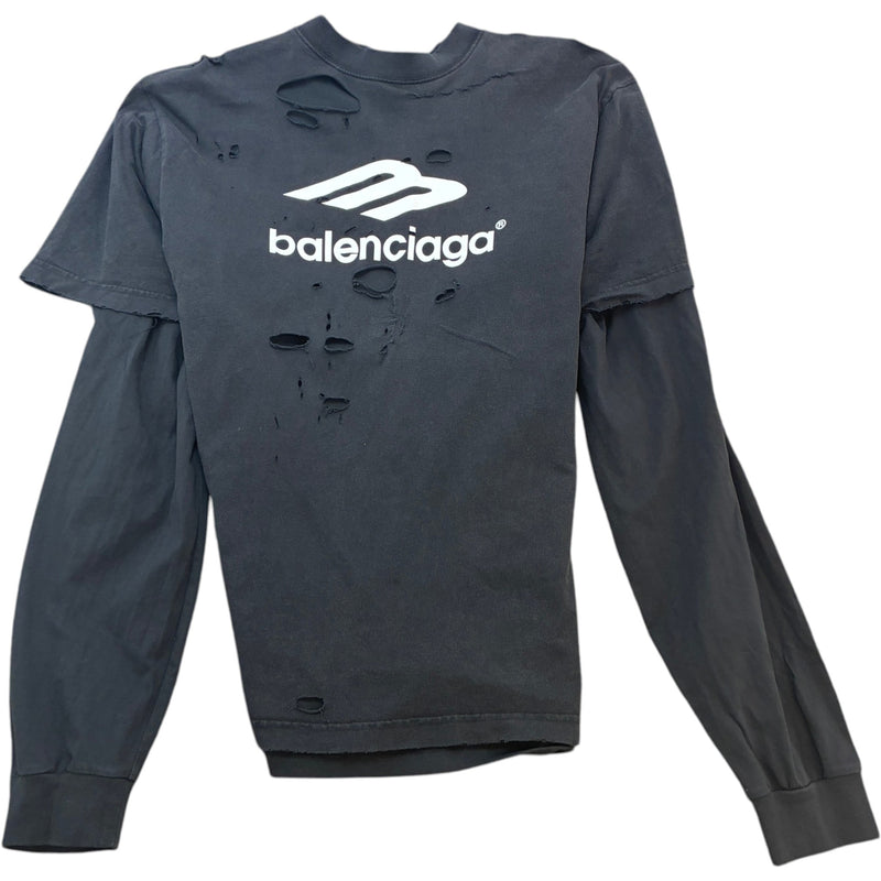 Men's Layered Distressed Logo Long Sleeve T-Shirt Black Size XS
