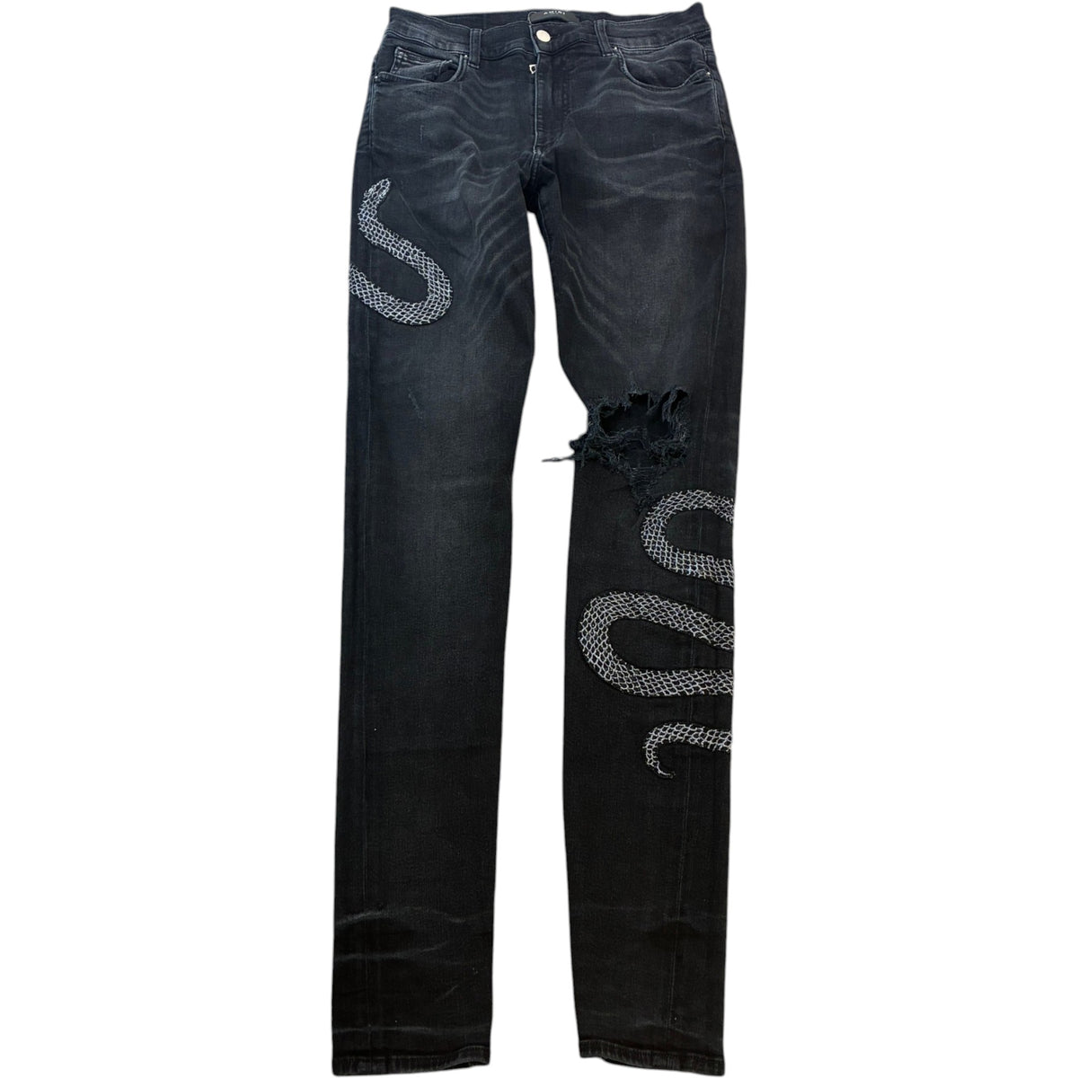 Men's Distressed Embroidered Python Snake Jeans Black Size M / W32 - Photo 1