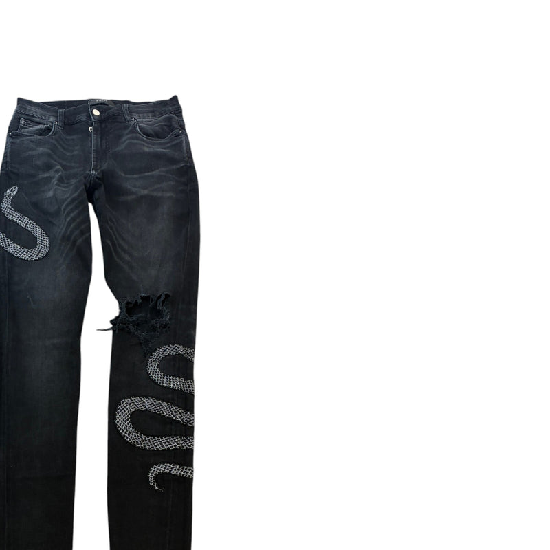 Men's Distressed Embroidered Python Snake Jeans Black Size M / W32