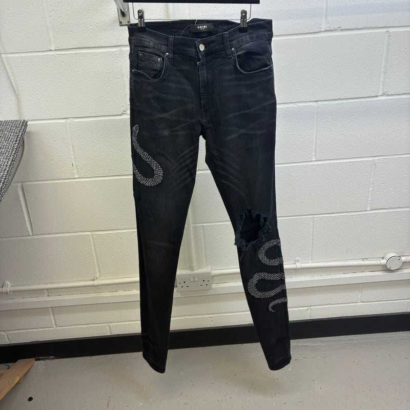 Men's Distressed Embroidered Python Snake Jeans Black Size M / W32