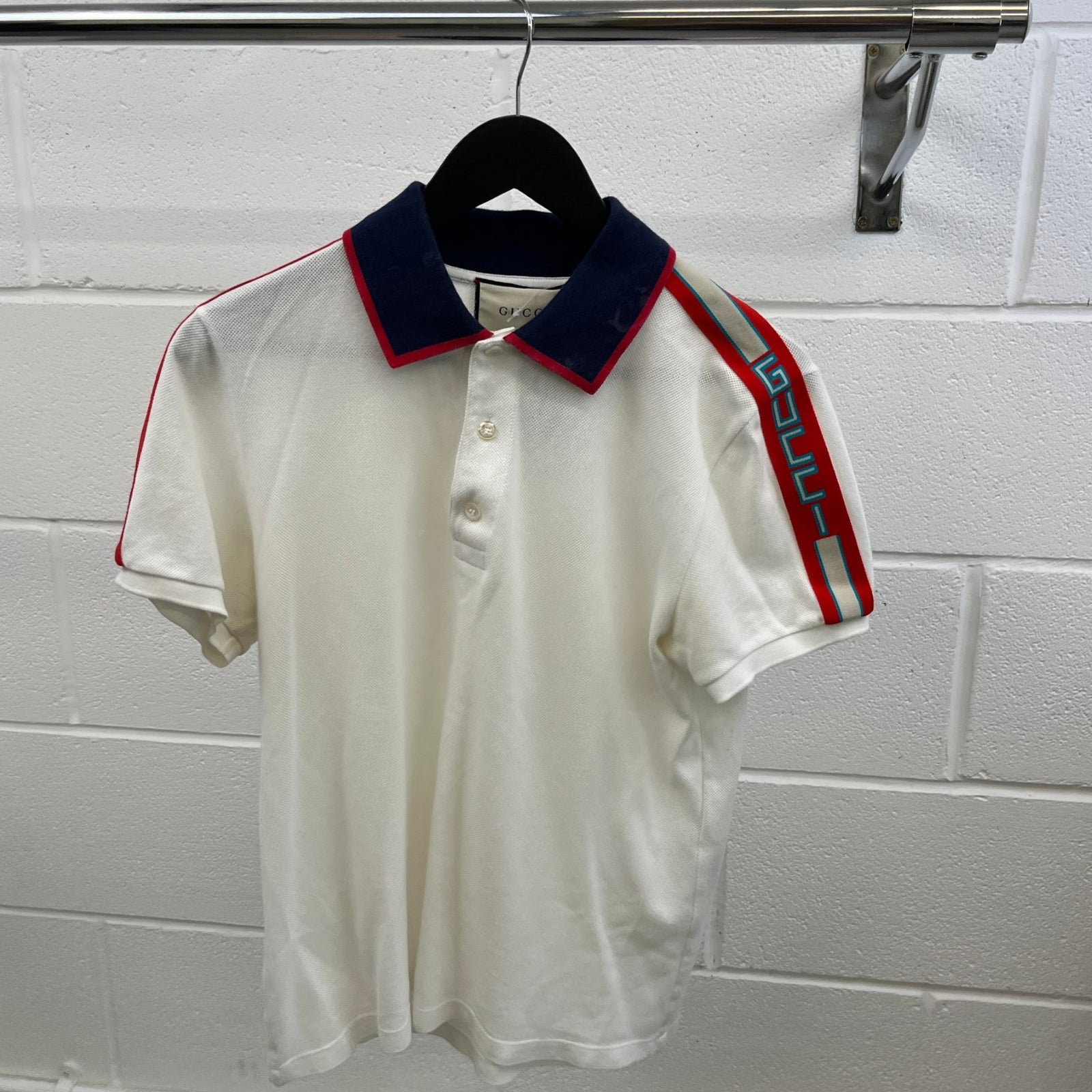 Men's Web Stripe Polo Shirt White Size S - Photo 9