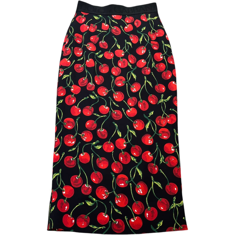Women's Cherry Print Midi Skirts Black Size Waist 36"
