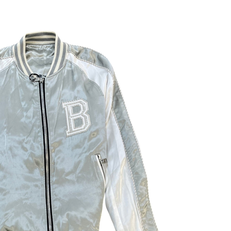 Men's Satin Logo Embroidered Medallion Bomber Jacket Silver Size M