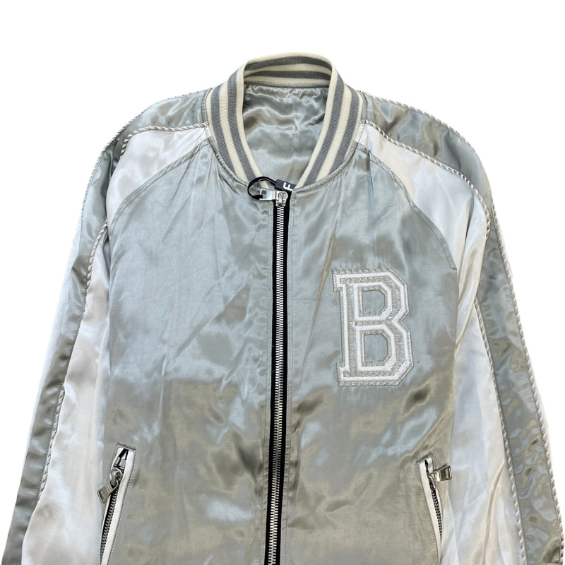 Men's Satin Logo Embroidered Medallion Bomber Jacket Silver Size M