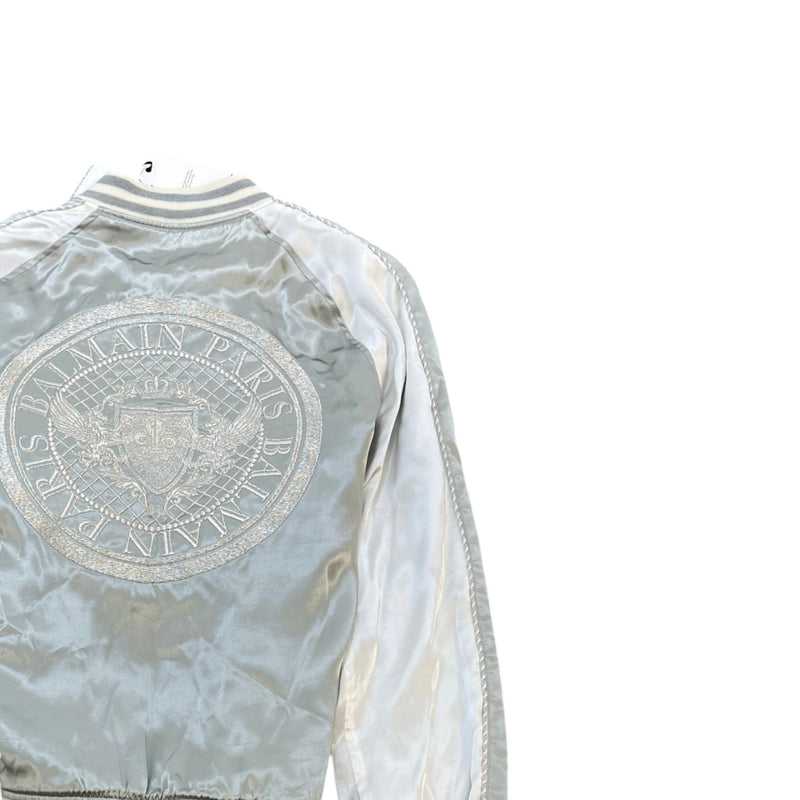 Men's Satin Logo Embroidered Medallion Bomber Jacket Silver Size M