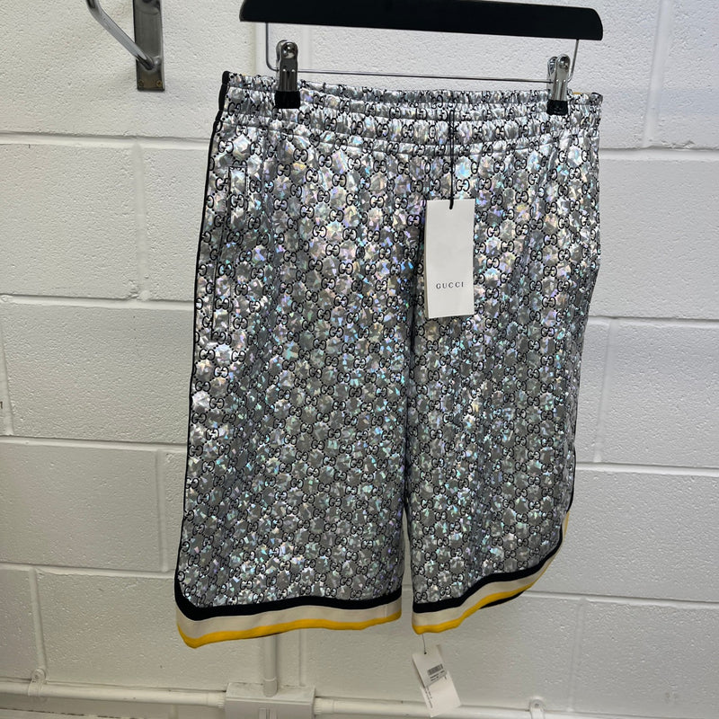 Men's GG Holographic Monogram Logo Shorts Silver Size M / W32