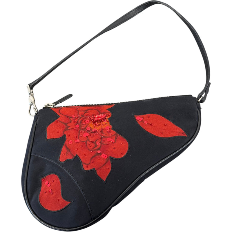 Women's Limited Edition Vintage Beaded Rose Mini Saddle Handbag Black