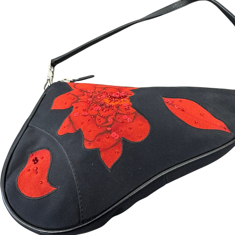 Women's Limited Edition Vintage Beaded Rose Mini Saddle Handbag Black