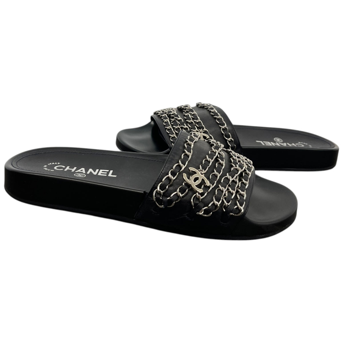 Women's CC Chain Embellished Flat Slides Black Size UK 5 / EU 38 - Photo 3