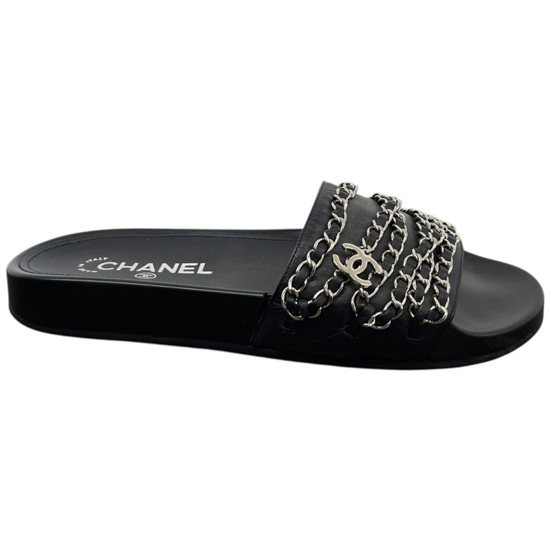 Women's CC Chain Embellished Flat Slides Black Size UK 5 / EU 38