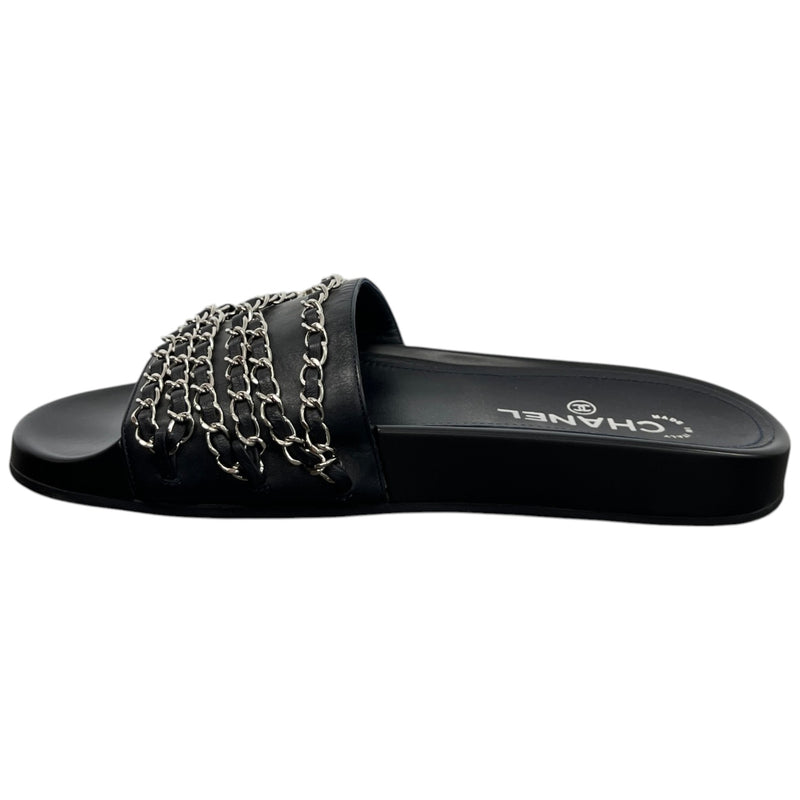Women's CC Chain Embellished Flat Slides Black Size UK 5 / EU 38