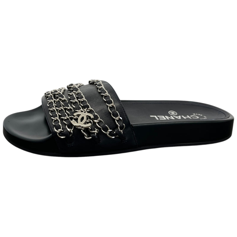 Women's CC Chain Embellished Flat Slides Black Size UK 5 / EU 38