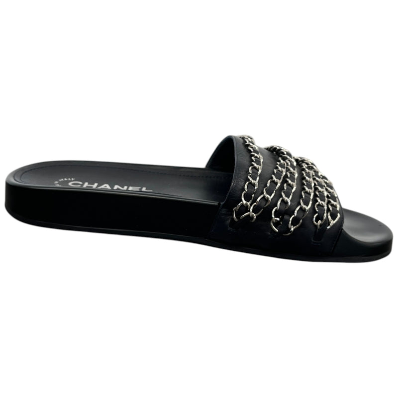 Women's CC Chain Embellished Flat Slides Black Size UK 5 / EU 38