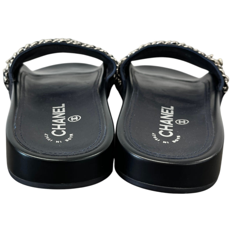 Women's CC Chain Embellished Flat Slides Black Size UK 5 / EU 38