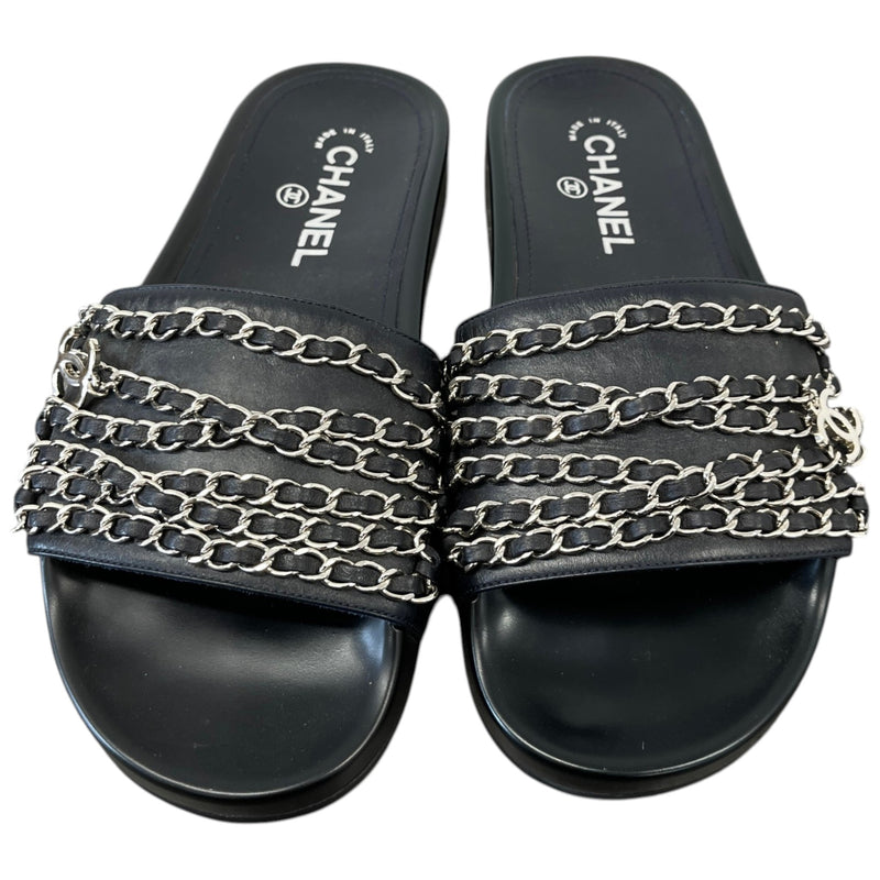 Women's CC Chain Embellished Flat Slides Black Size UK 5 / EU 38