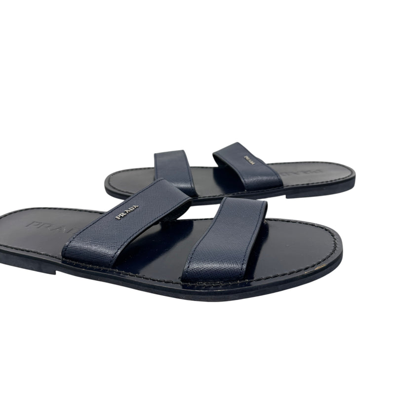 Men's Saffiano Plaque Logo Slides Navy Size EU 40 / UK 6