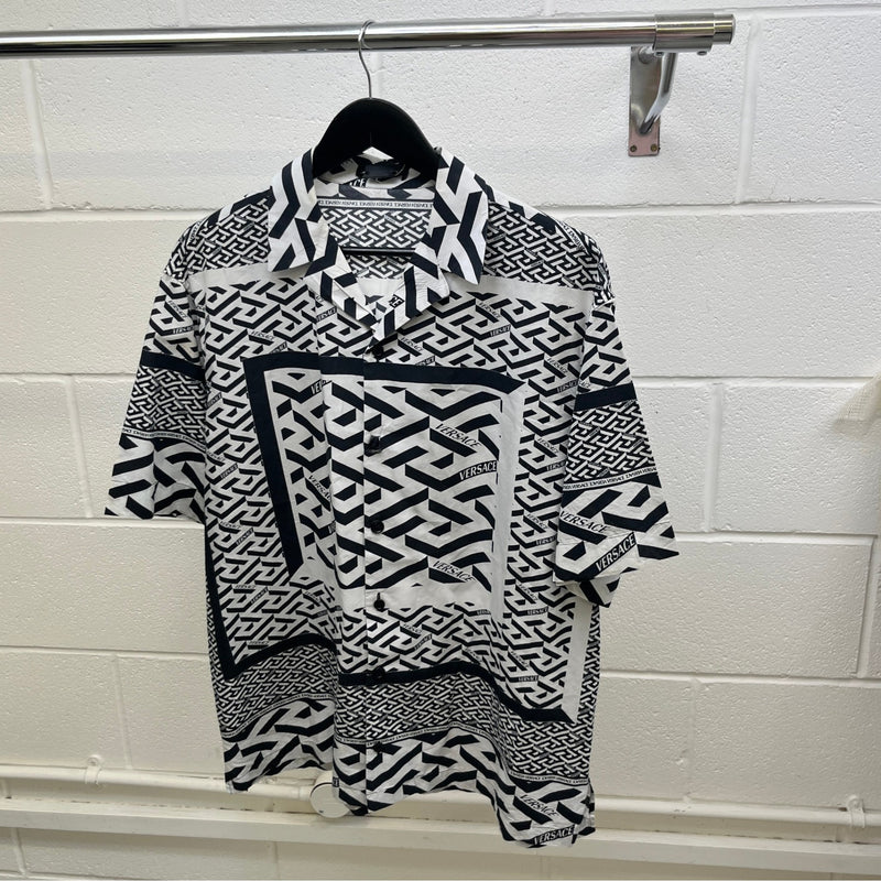 Men's La Greca Print Short Sleeve Shirt White Size XL