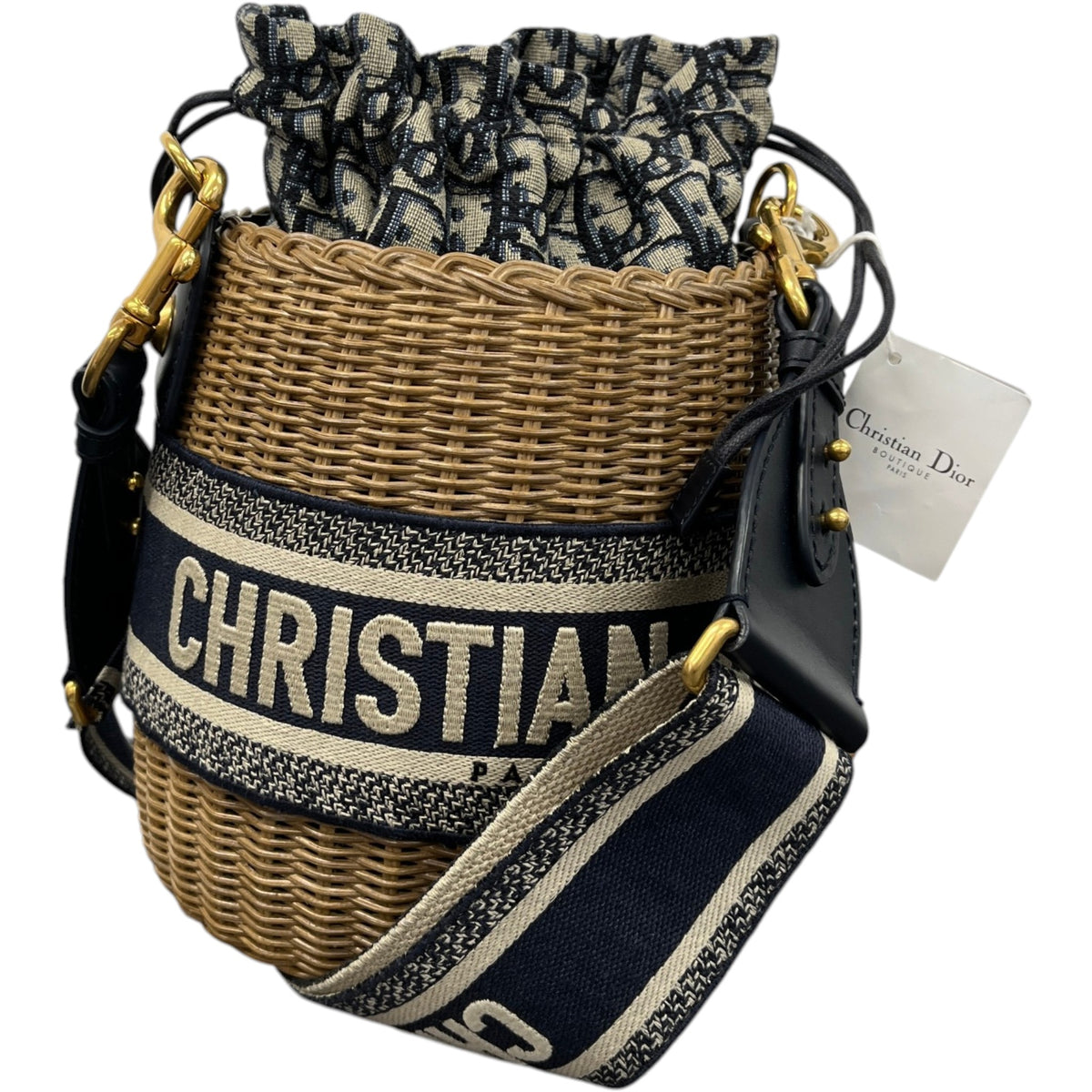 Women's Oblique Wicker Drawstring Bucket Handbag Beige - Photo 1