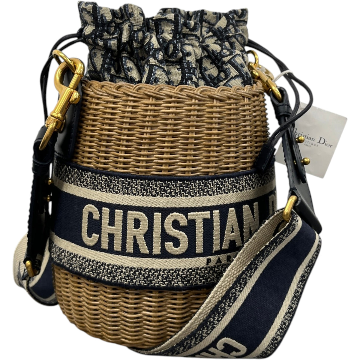 Women's Oblique Wicker Drawstring Bucket Handbag Beige - Photo 4