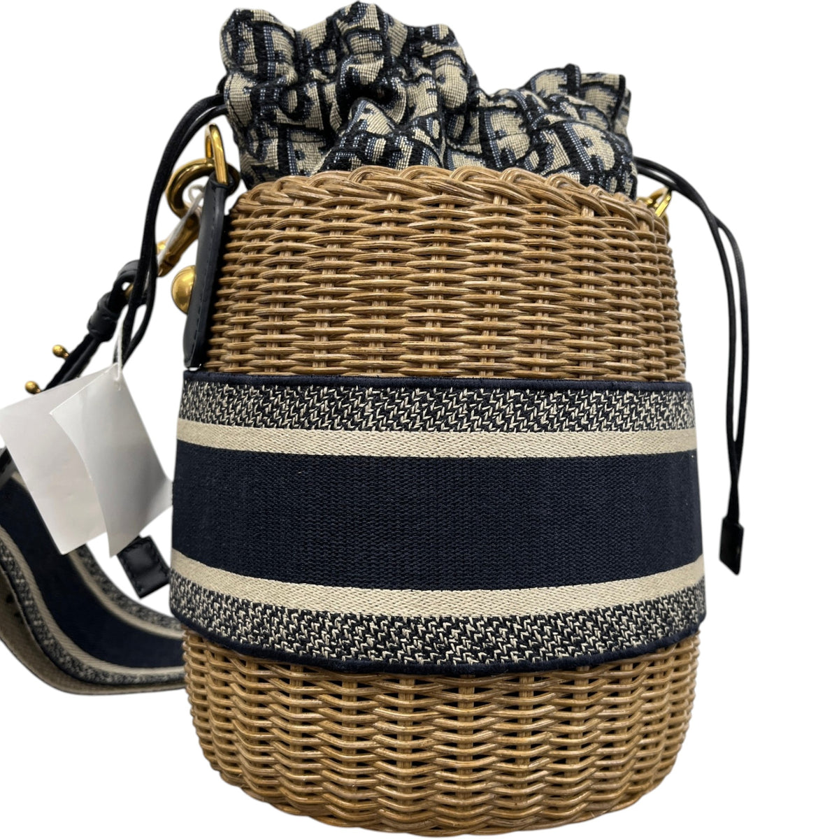 Women's Oblique Wicker Drawstring Bucket Handbag Beige - Photo 8