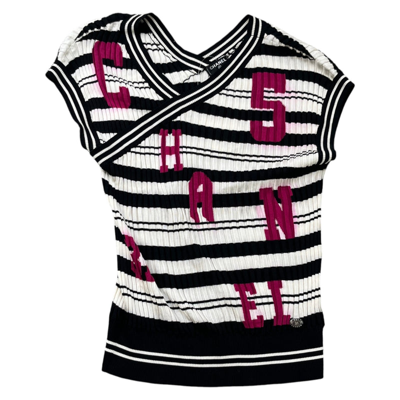 Women's Striped Logo Ribbed Knit Tank Vest White Size XS / UK 6