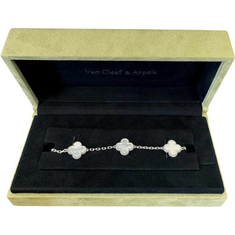 Women's White Gold Mother of Pearl 5 Motifs Vintage Alhambra Bracelet Gold