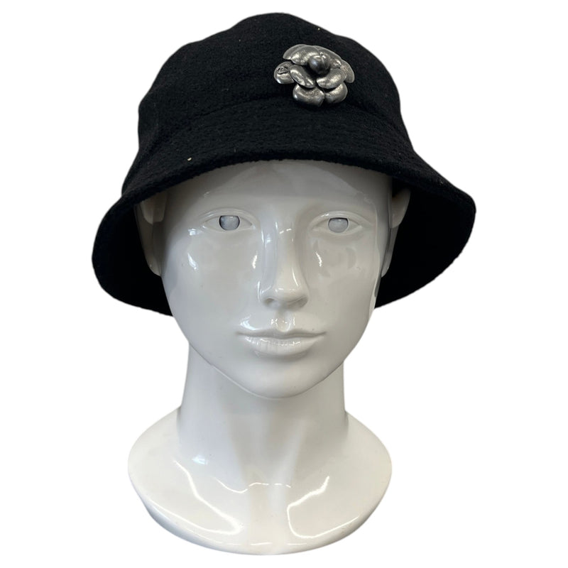 Women's Wool Metal Flower Bucket Hat Black Size L