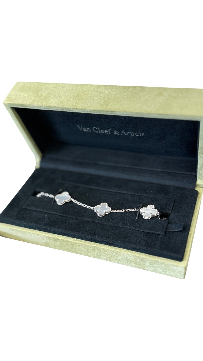 Women's White Gold Mother of Pearl 5 Motifs Vintage Alhambra Bracelet Gold